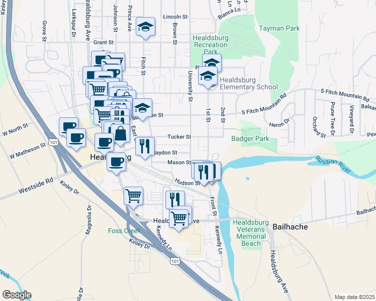 map of restaurants, bars, coffee shops, grocery stores, and more near 435 Haydon Street in Healdsburg