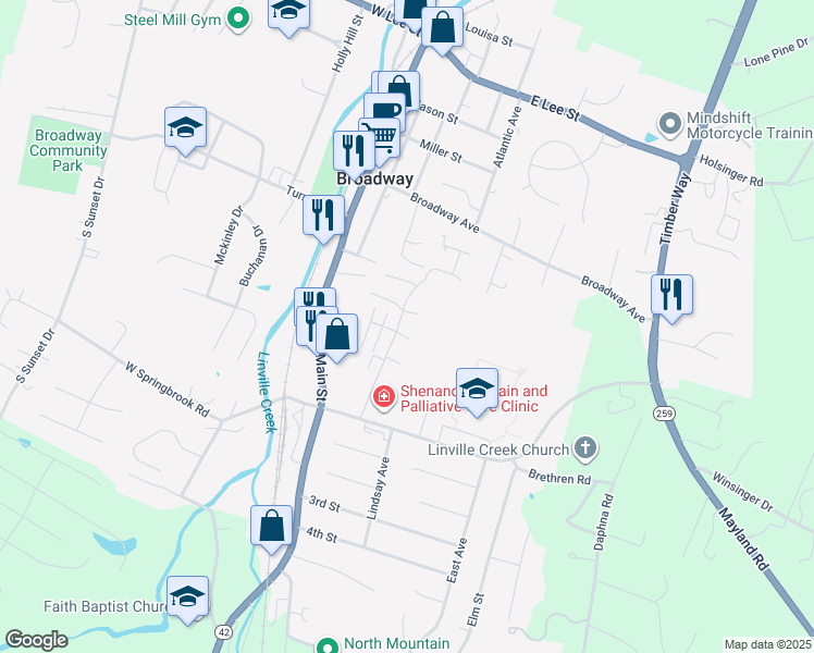 map of restaurants, bars, coffee shops, grocery stores, and more near 233 Alger Lane in Broadway