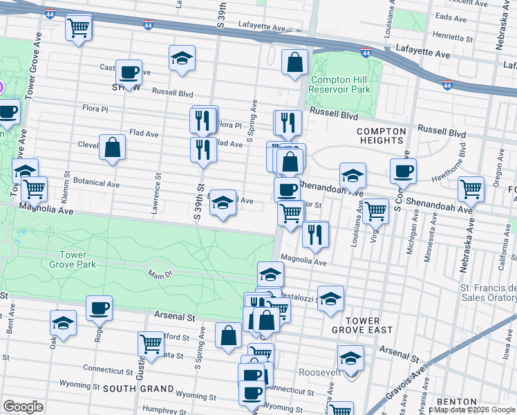 map of restaurants, bars, coffee shops, grocery stores, and more near 3650 Botanical Avenue in St. Louis