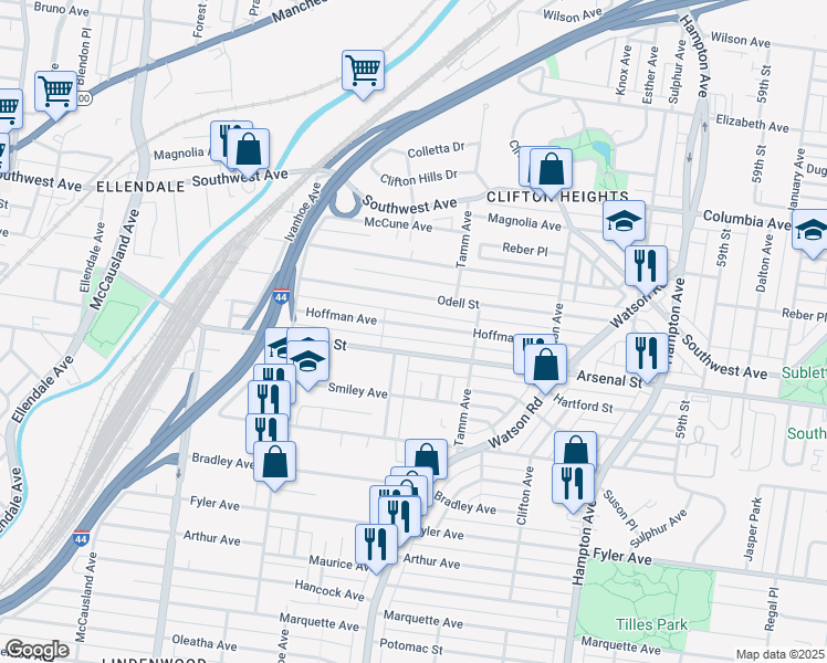 map of restaurants, bars, coffee shops, grocery stores, and more near 6504 Hoffman Avenue in St. Louis