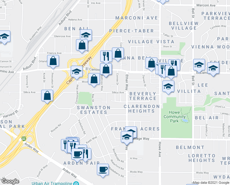 map of restaurants, bars, coffee shops, grocery stores, and more near Laramie Lane in Sacramento