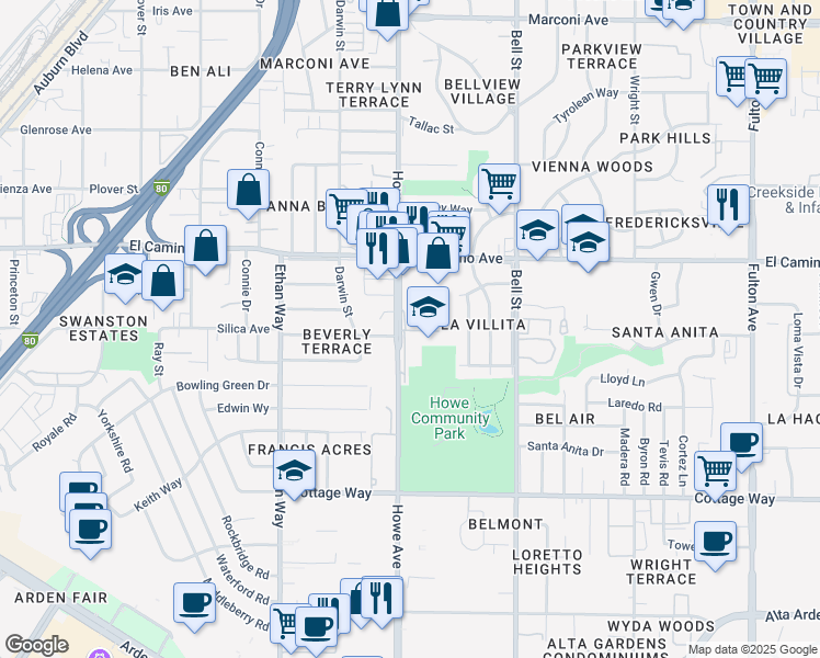 map of restaurants, bars, coffee shops, grocery stores, and more near 2404 Howe Avenue in Sacramento