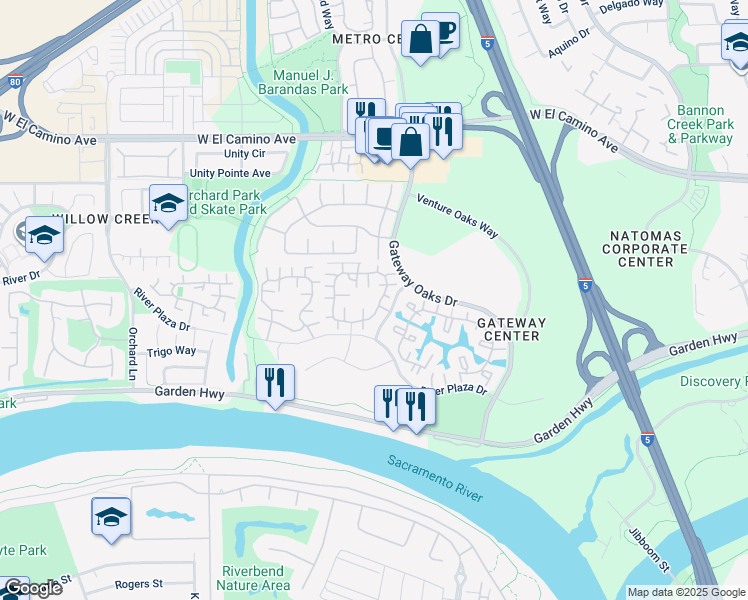 map of restaurants, bars, coffee shops, grocery stores, and more near 2361 Oak Harbour Drive in Sacramento