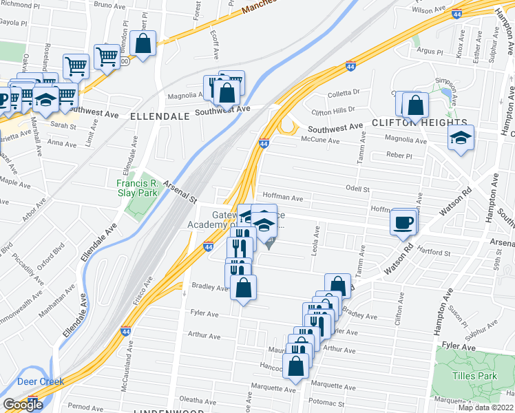 map of restaurants, bars, coffee shops, grocery stores, and more near 6649 Arsenal Street in St. Louis