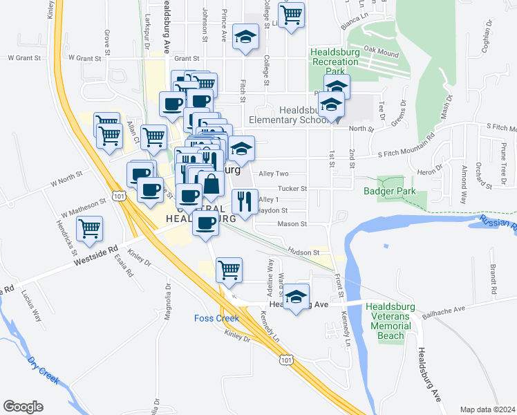 map of restaurants, bars, coffee shops, grocery stores, and more near 100 Fitch Street in Healdsburg