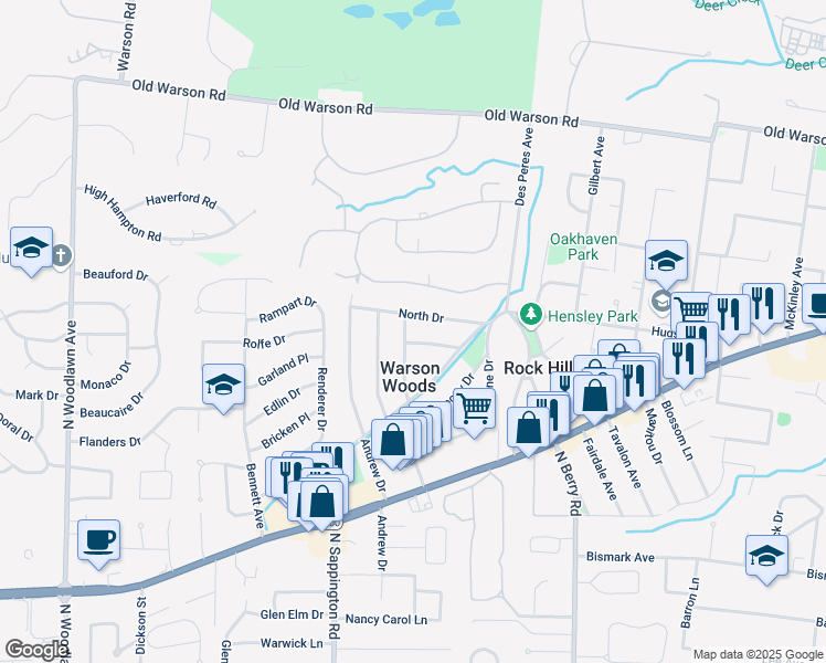 map of restaurants, bars, coffee shops, grocery stores, and more near 1653 Forest View Drive in St. Louis