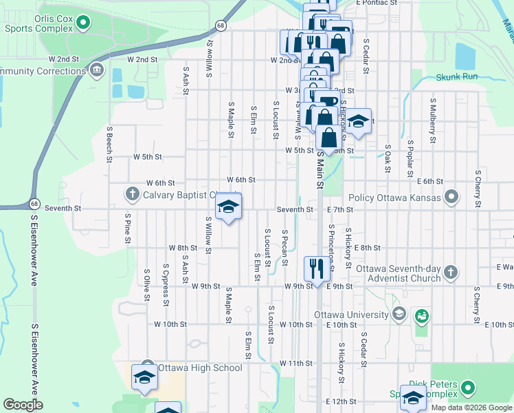 map of restaurants, bars, coffee shops, grocery stores, and more near 633 South Elm Street in Ottawa