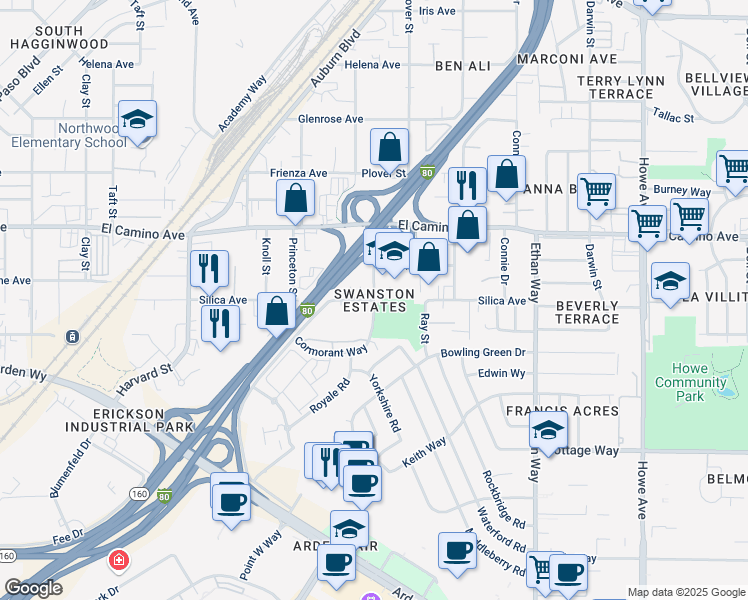 map of restaurants, bars, coffee shops, grocery stores, and more near Cormorant Way in Sacramento