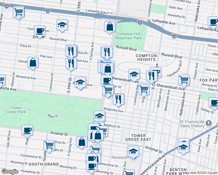 map of restaurants, bars, coffee shops, grocery stores, and more near 3532 Victor Street in St. Louis