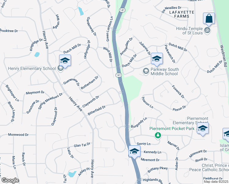 map of restaurants, bars, coffee shops, grocery stores, and more near 904 Clayworth Drive in Ballwin