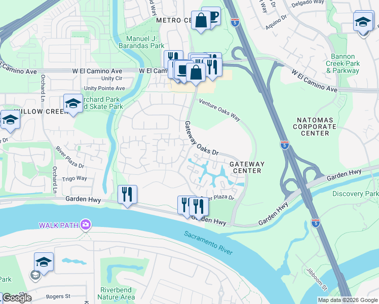 map of restaurants, bars, coffee shops, grocery stores, and more near 2355 Oak Harbour Drive in Sacramento
