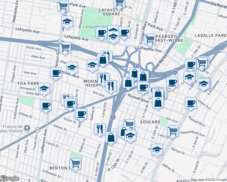 map of restaurants, bars, coffee shops, grocery stores, and more near in St. Louis