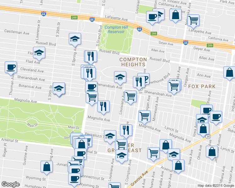 map of restaurants, bars, coffee shops, grocery stores, and more near 2310 Tennessee Avenue in St. Louis