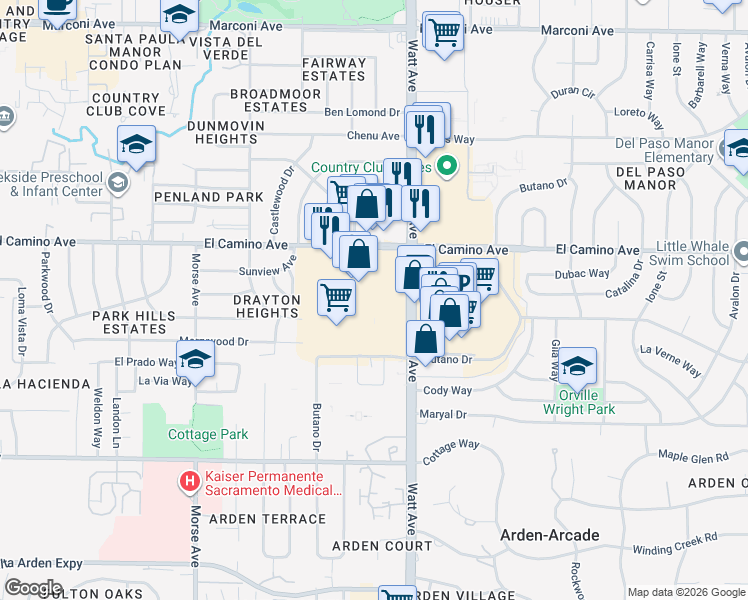 map of restaurants, bars, coffee shops, grocery stores, and more near 3460 El Camino Ave in Sacramento