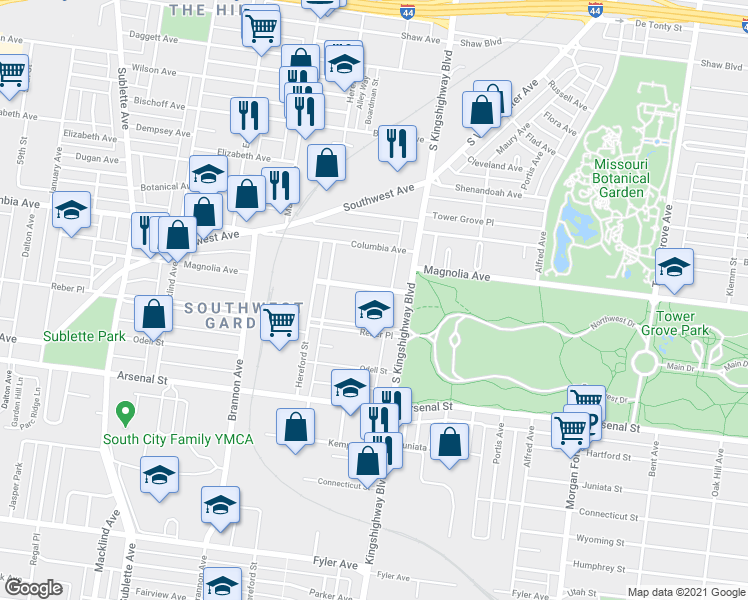 map of restaurants, bars, coffee shops, grocery stores, and more near 4940 Magnolia Avenue in St. Louis