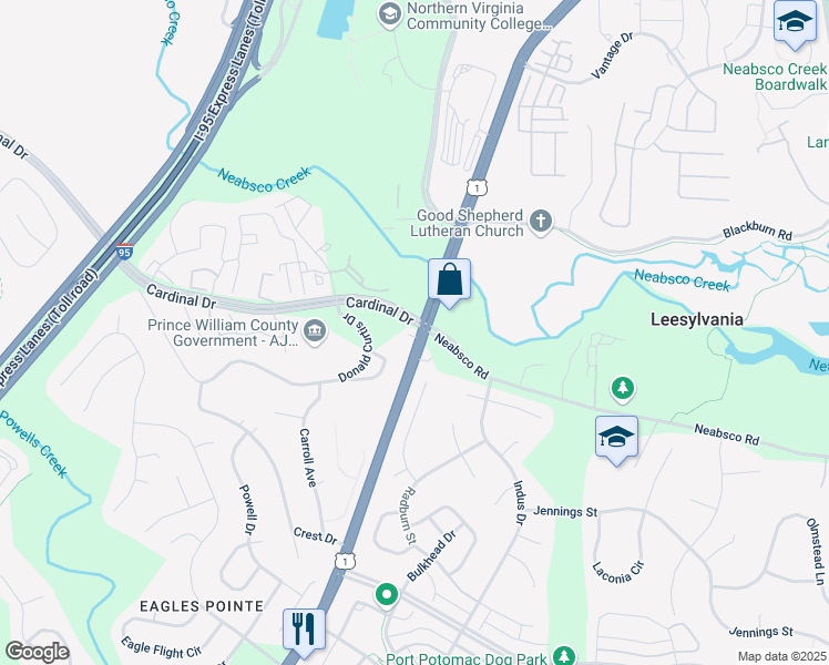 map of restaurants, bars, coffee shops, grocery stores, and more near 17654 Cardinal Drive in Woodbridge