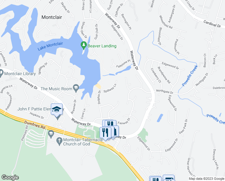 map of restaurants, bars, coffee shops, grocery stores, and more near 4387 Spillway Lane in Montclair