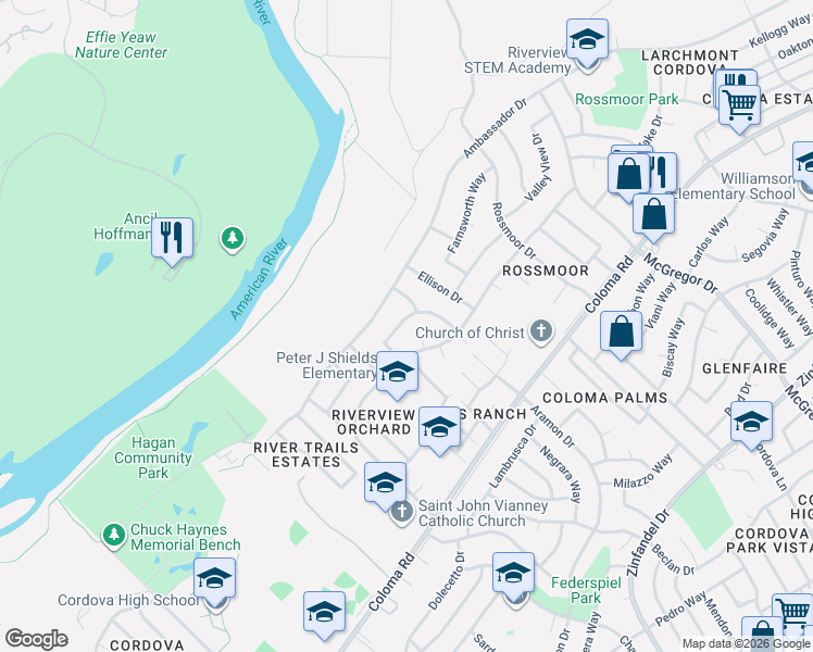 map of restaurants, bars, coffee shops, grocery stores, and more near 2134 Danbury Way in Rancho Cordova