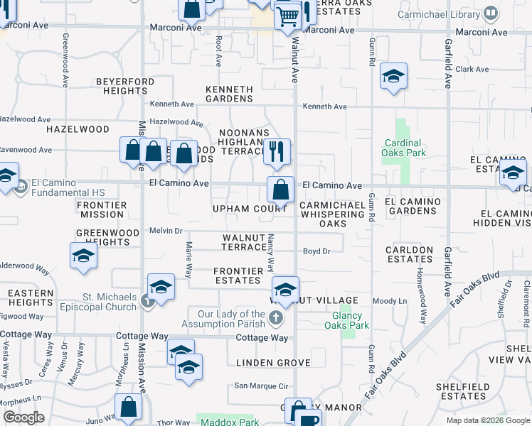 map of restaurants, bars, coffee shops, grocery stores, and more near 2404 Upham Court in Carmichael