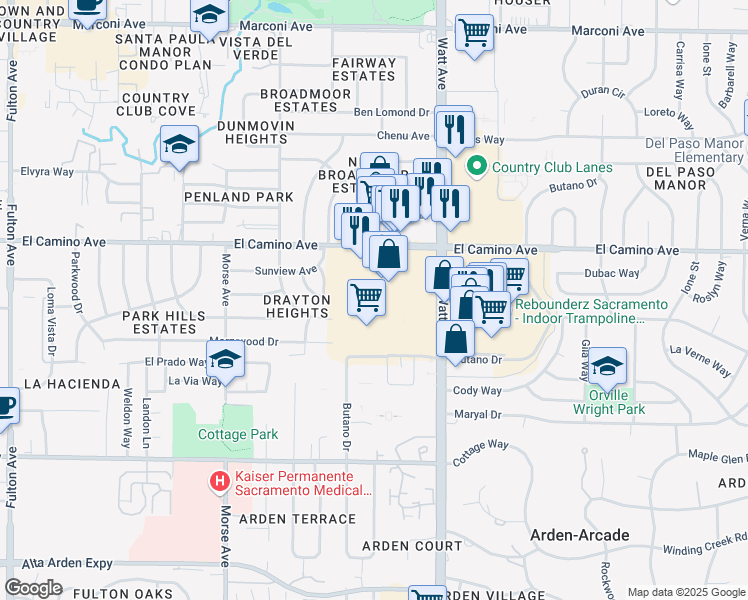 map of restaurants, bars, coffee shops, grocery stores, and more near 3464 El Camino Ave in Sacramento