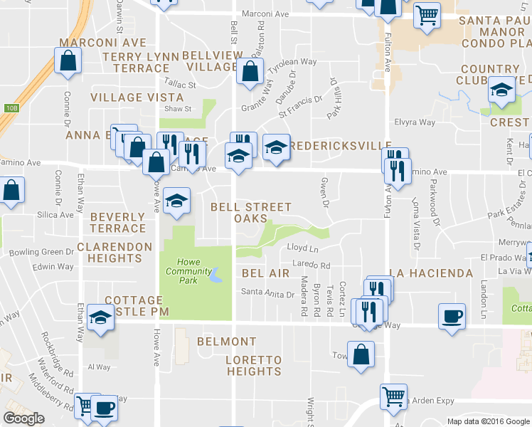 map of restaurants, bars, coffee shops, grocery stores, and more near 2349 Pamela Lane in Sacramento