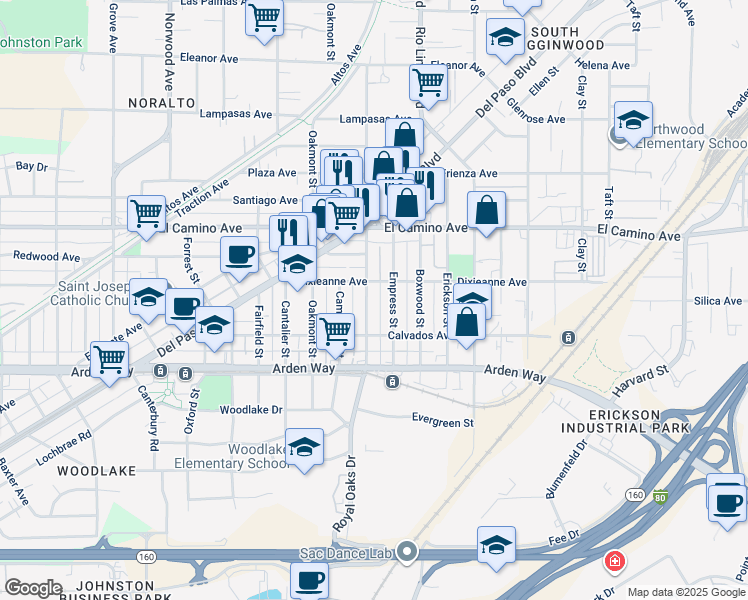 map of restaurants, bars, coffee shops, grocery stores, and more near 2357 Empress Street in Sacramento
