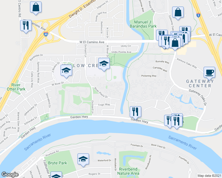 map of restaurants, bars, coffee shops, grocery stores, and more near 2805 River Plaza Drive in Sacramento