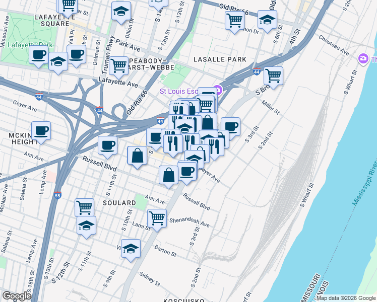 map of restaurants, bars, coffee shops, grocery stores, and more near 1832 South 8th Street in St. Louis