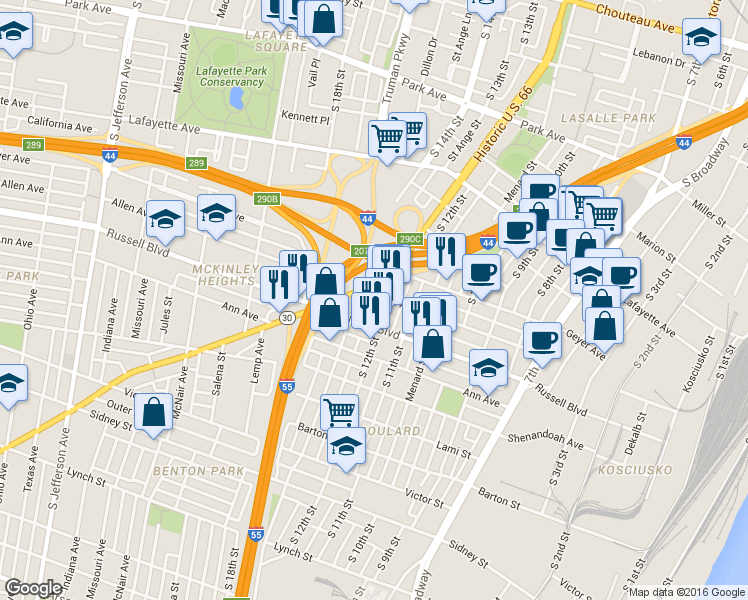 map of restaurants, bars, coffee shops, grocery stores, and more near 1219 Allen Market Lane in St. Louis