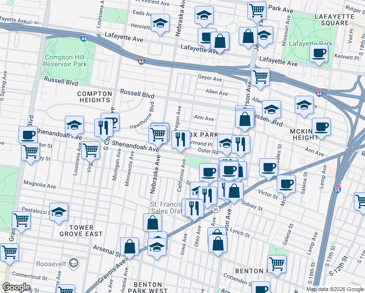 map of restaurants, bars, coffee shops, grocery stores, and more near 2823 Shenandoah Avenue in St. Louis