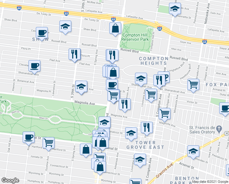 map of restaurants, bars, coffee shops, grocery stores, and more near 3532 Victor Street in St. Louis
