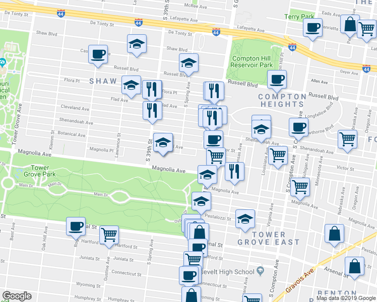 map of restaurants, bars, coffee shops, grocery stores, and more near 3650 Botanical Avenue in St. Louis