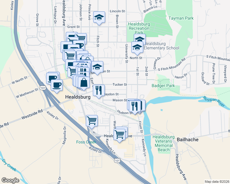 map of restaurants, bars, coffee shops, grocery stores, and more near 401 Haydon Street in Healdsburg