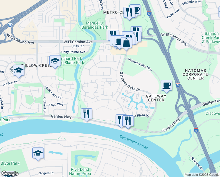 map of restaurants, bars, coffee shops, grocery stores, and more near 2361 Oak Harbour Drive in Sacramento