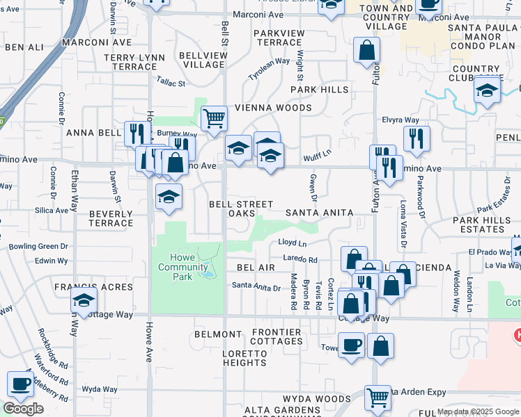 map of restaurants, bars, coffee shops, grocery stores, and more near 2349 Pamela Lane in Sacramento