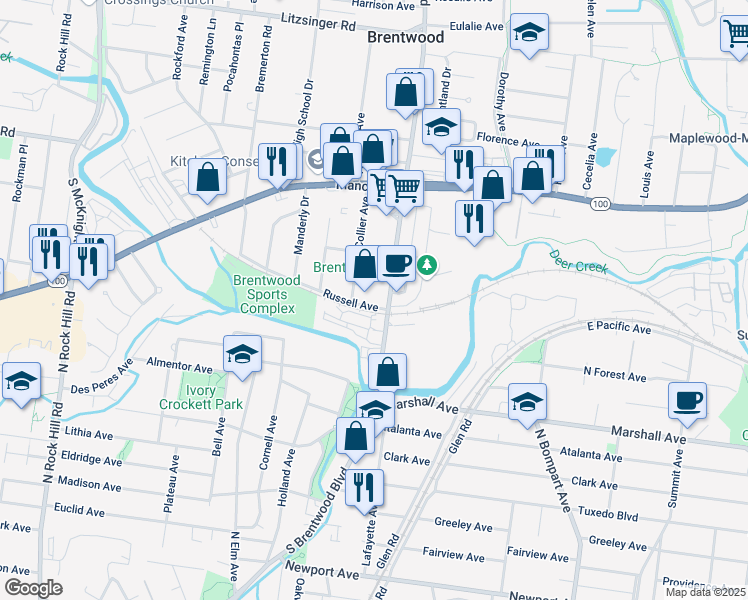 map of restaurants, bars, coffee shops, grocery stores, and more near 2949 South Brentwood Boulevard in Brentwood
