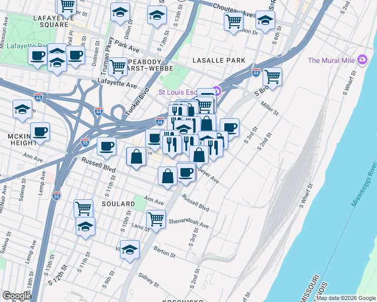 map of restaurants, bars, coffee shops, grocery stores, and more near 1822 South 8th Street in St. Louis