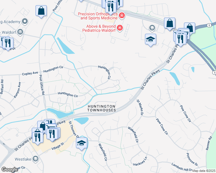 map of restaurants, bars, coffee shops, grocery stores, and more near 3061 Heath Cote Road in Waldorf