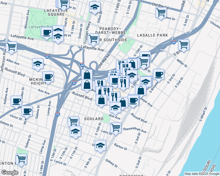 map of restaurants, bars, coffee shops, grocery stores, and more near 1852 South 10th Street in St. Louis