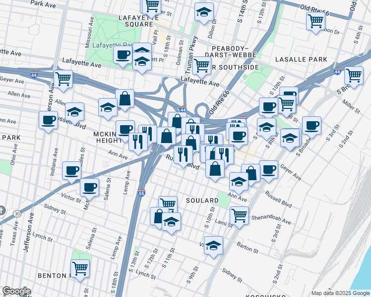map of restaurants, bars, coffee shops, grocery stores, and more near 1212 Allen Avenue in St. Louis