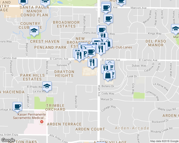 map of restaurants, bars, coffee shops, grocery stores, and more near 3464 El Camino Avenue in Sacramento