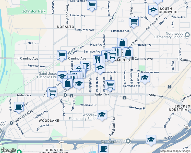 map of restaurants, bars, coffee shops, grocery stores, and more near 2389 Cantalier Street in Sacramento
