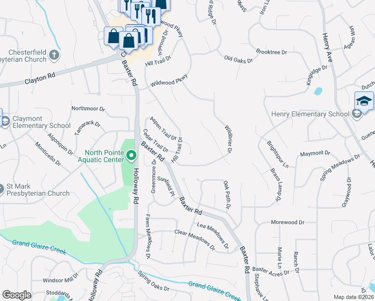 map of restaurants, bars, coffee shops, grocery stores, and more near 355 Champion Way Drive in Ballwin