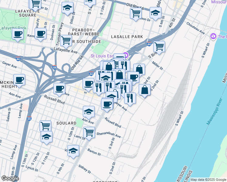 map of restaurants, bars, coffee shops, grocery stores, and more near 704 Soulard Street in St. Louis