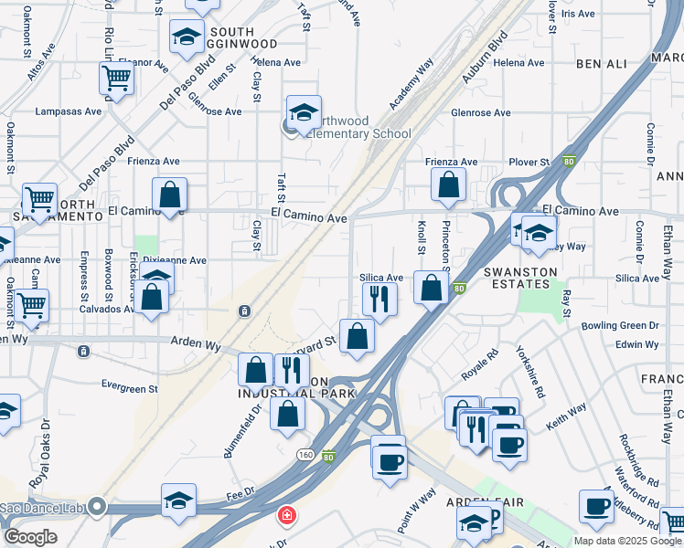 map of restaurants, bars, coffee shops, grocery stores, and more near 1345 Silica Avenue in Sacramento