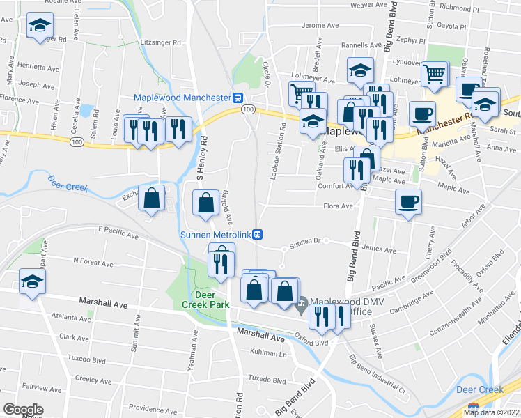 map of restaurants, bars, coffee shops, grocery stores, and more near 3001 Laclede Station Road in St. Louis