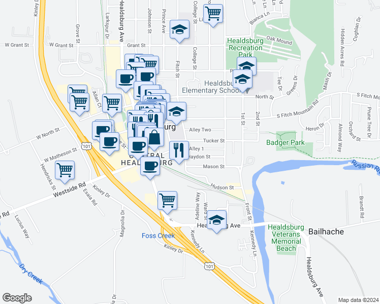 map of restaurants, bars, coffee shops, grocery stores, and more near 108 Fitch Street in Healdsburg