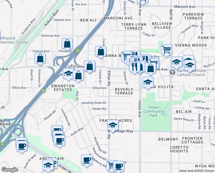 map of restaurants, bars, coffee shops, grocery stores, and more near 2328 Connie Drive in Sacramento