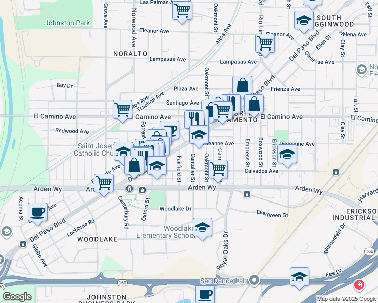 map of restaurants, bars, coffee shops, grocery stores, and more near 2367 Cantalier Street in Sacramento