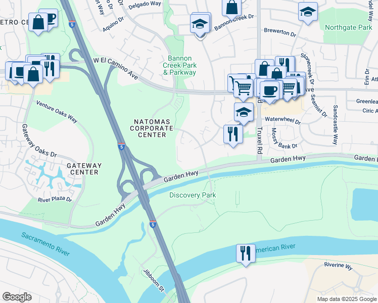 map of restaurants, bars, coffee shops, grocery stores, and more near 2205 Natomas Park Drive in Sacramento